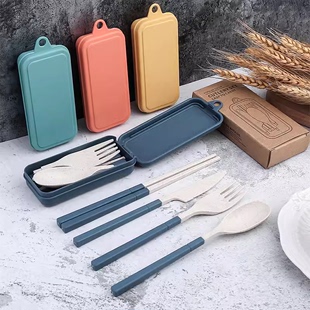 筷子勺子套装上班族便携日式折叠餐具可爱刀叉小麦秸秆外带收纳盒