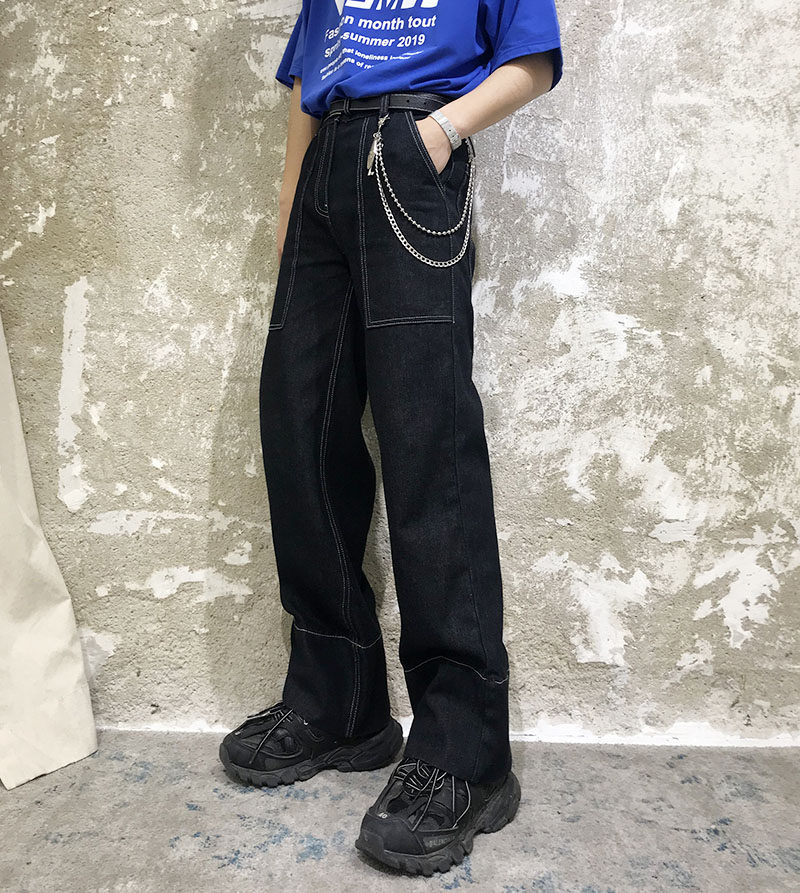 特价宽松直筒明线设计百搭黑色牛仔裤实拍实价大量现货
