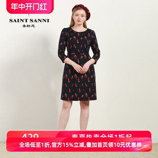 圣轩尼 新新品修身长袖 红花 通勤聚会正式OL连衣裙R586