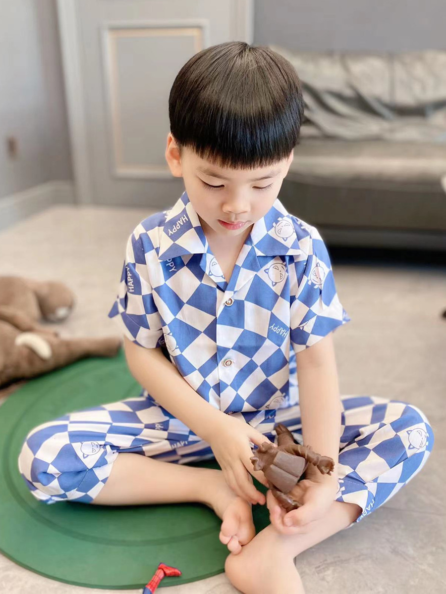 中小童棉绸空调服家居服男女童夏季睡衣短袖长裤防蚊套装蓝色恶魔