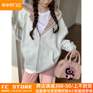 TC STORE TAKECHANCES秋冬bm撞色格纹拉链帽衫加绒连帽开衫卫衣女