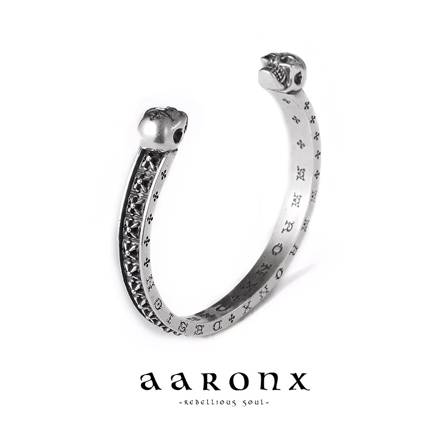 AARONX潮流复古中世纪风双面骷髅造型印花925银做旧开口手镯