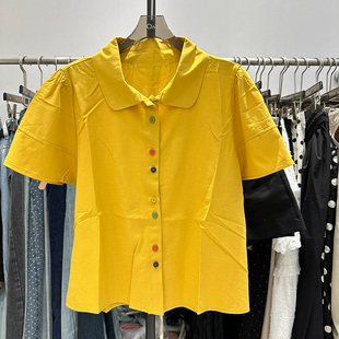 法式泡泡袖黄色衬衫女夏韩系甜美小翻领洋气减龄短袖棉麻小衫上衣