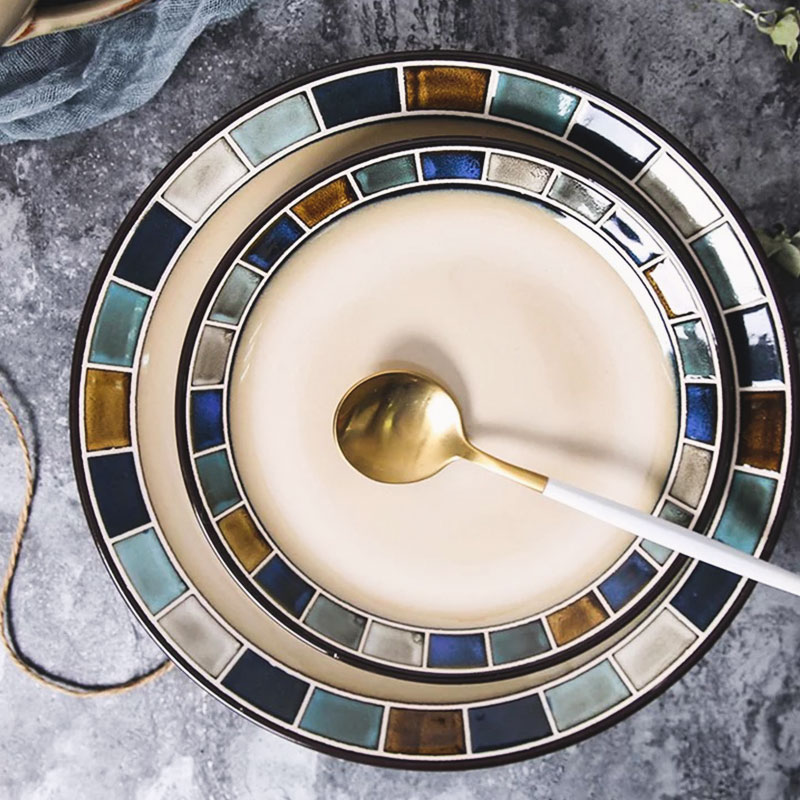 玉泉方格欧式复古浮雕西餐盘菜盘牛排盘美式创意陶瓷碗盘家用餐具