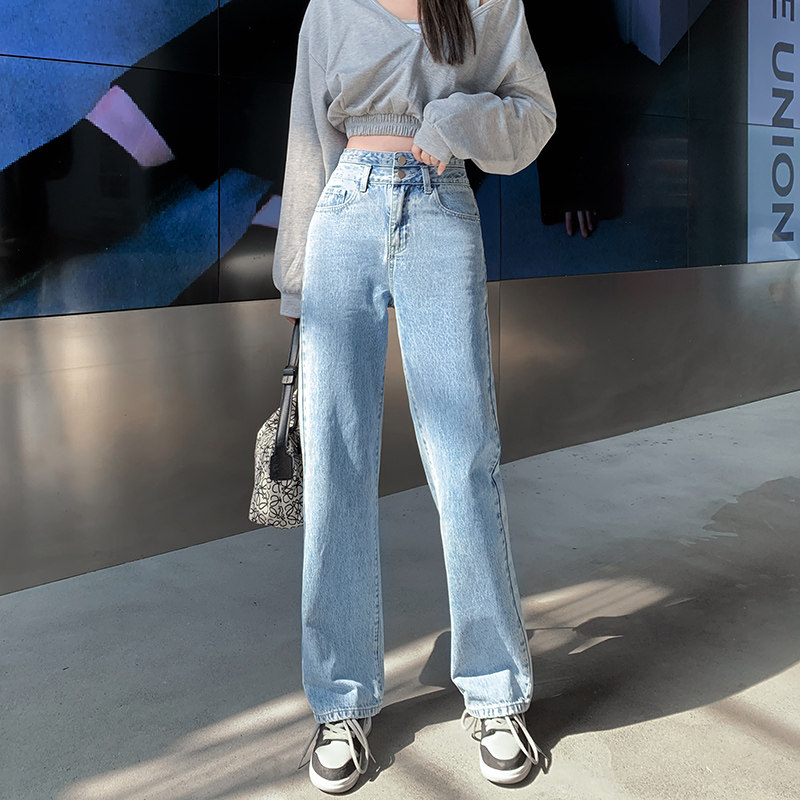 牛仔裤女生2022春秋季新款宽松百搭高腰直筒阔腿浅色长裤ins超火