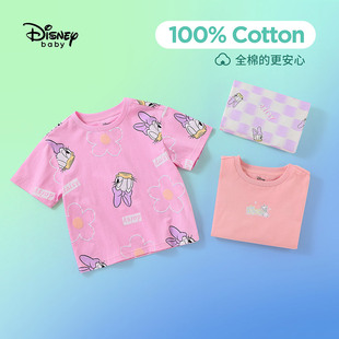 Disney/迪士尼童装短袖T恤女童圆领体恤衫卡通中小童夏季上衣纯棉