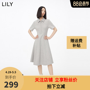 LILY简约Polo领都市轻运动风减龄收腰连衣裙2023夏装灰色裙子