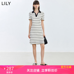 LILY2024夏新款女装舒适全棉复古撞色条纹中长款POLO连衣裙小个子