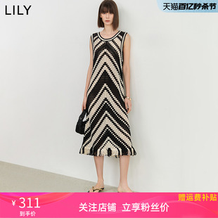 LILY2024夏新款女装设计感镂空时尚浪漫流苏撞色叠穿针织连衣裙女