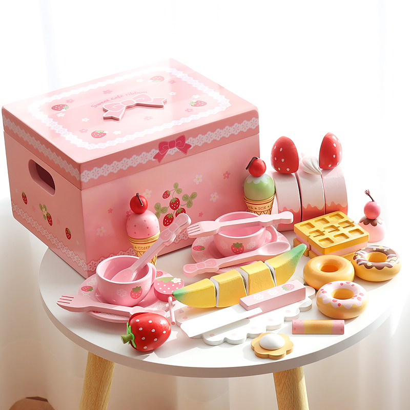 出口草莓粉色丝带生日蛋糕套装男女孩过家家儿童木制玩具宝宝礼物
