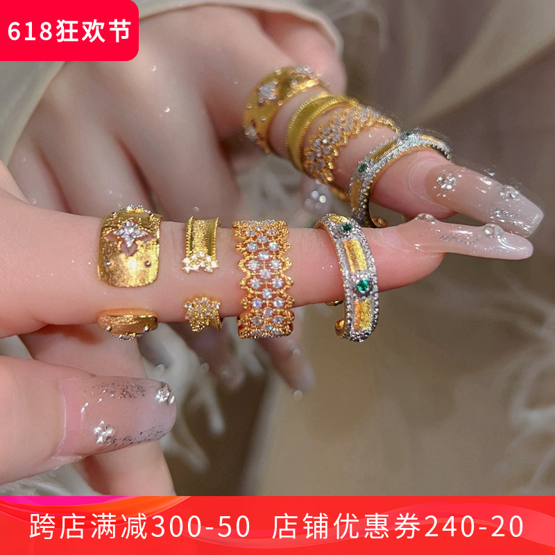 中古饰品~重工vintage巴洛克镀金18k复古拉丝轻奢镶钻开口戒指女