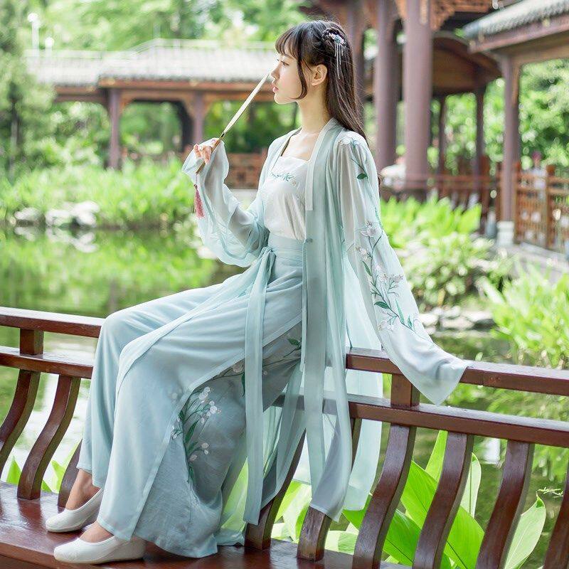 杜若新款裤裙汉服女装改良清新淡雅仙女学生褙子宋裤套装日常古装