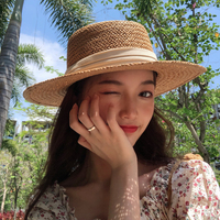 网红帽子女夏韩版潮平顶草帽沙滩海边度假遮阳防晒时尚礼帽太阳帽