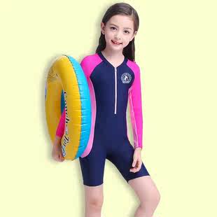 新款儿童泳衣女童长袖游泳衣中大童小孩防晒连体全身泳装女孩泳衣