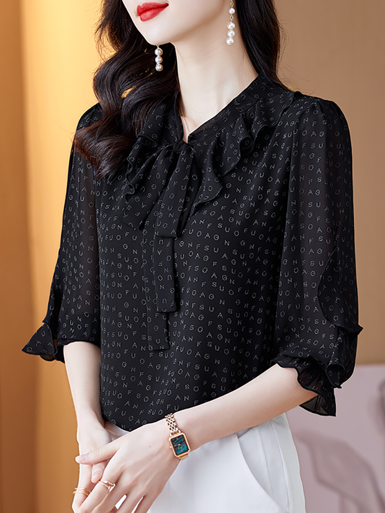 韩国雪纺衬衫女装2022年新款春夏季短袖上衣中袖七分时尚洋气小衫