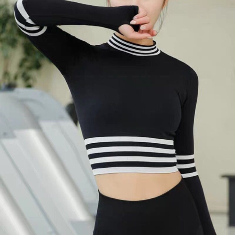 露脐装套装_速干健身衣女露脐条纹弹力紧身显瘦运动瑜伽蜜桃提臀上衣