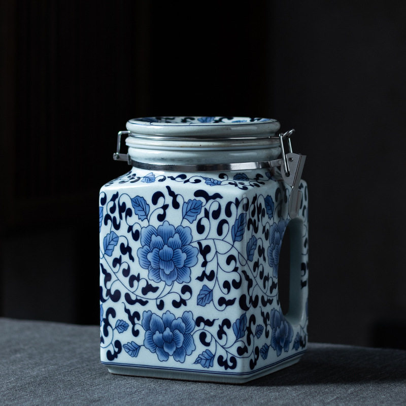 粗陶复古青花缠枝莲茶叶罐陶瓷青花瓷大号茶叶罐密封储物罐家用