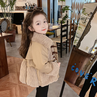 女童加绒加厚外套2023冬季新款韩版儿童时尚潮流羊羔绒拼接皮衣
