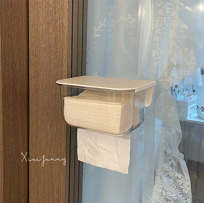 ins家用简约透明壁挂式纸巾盒 卫生间厨房免打孔置物架防水收纳盒