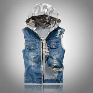 Denim vest 韩版男装破洞牛仔马甲连帽牛仔马夹男士迷彩牛仔背心