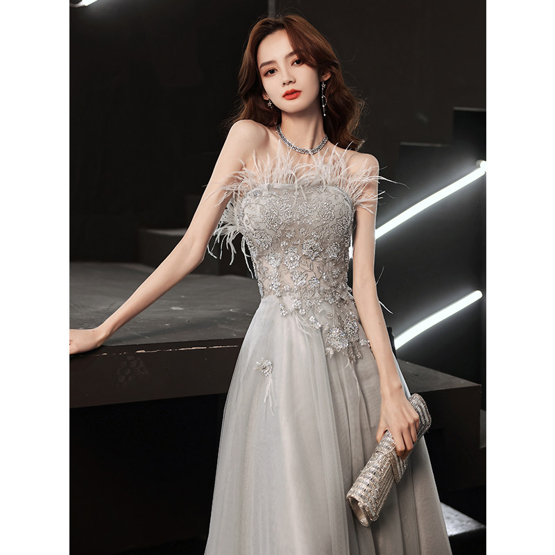 高端抹胸晚礼服女2021新款气质宴会晚宴主持人年会羽毛生日公主裙