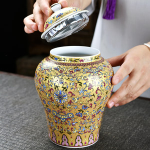 客厅装饰品50景德镇陶瓷花瓶将军罐轻奢高档珐琅彩小茶叶罐中式客厅