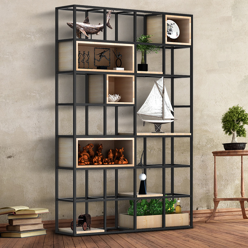 北欧创意书架简易置物架屏风隔断架客厅落地铁艺格架实木装饰架子