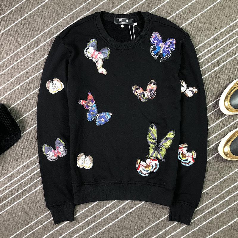 欧洲站2021秋冬潮牌男装蝴蝶刺绣卫衣男套头潮流修身帅气圆领外套