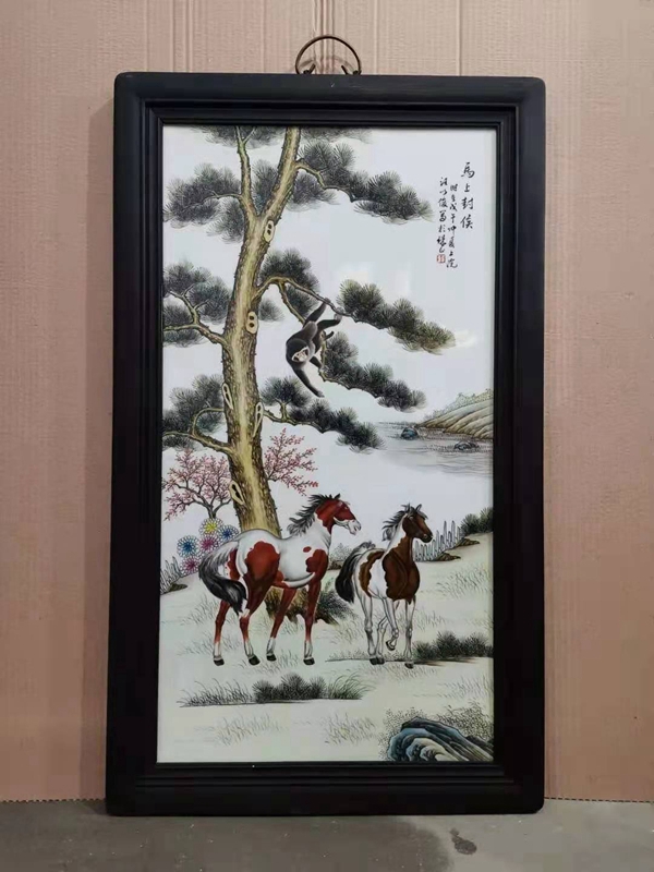 景德镇陶瓷瓷板画手绘动物马上封侯竖条客厅挂画装饰画摆设饰品