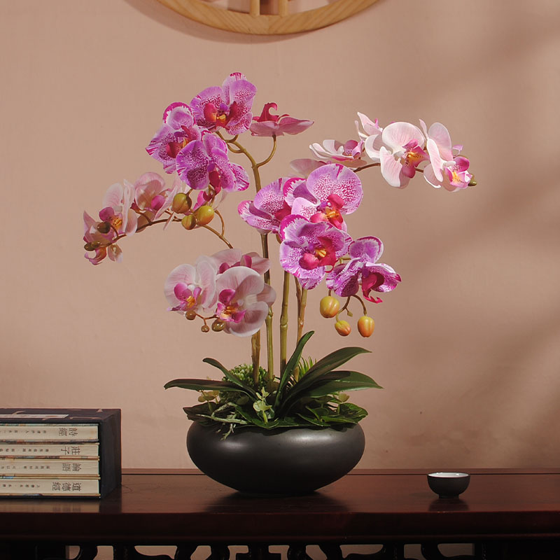 新中式蝴蝶兰盆景客厅仿真花卉酒店花艺前台摆花店铺装饰摆件假花
