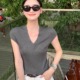 深灰色v领冰丝针织短袖女夏季老钱风穿搭正肩修身小飞袖t恤上衣薄