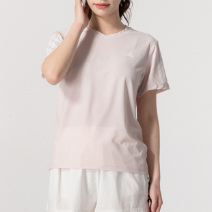 阿迪达斯粉色T恤女2024夏季新款休闲运动服圆领半袖透气速干短袖
