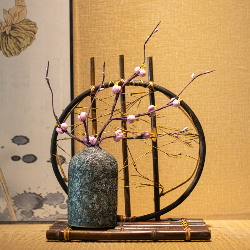 新中式花瓶禅意空间陶瓷摆件手工编织竹子客厅电视柜仿真花装饰品