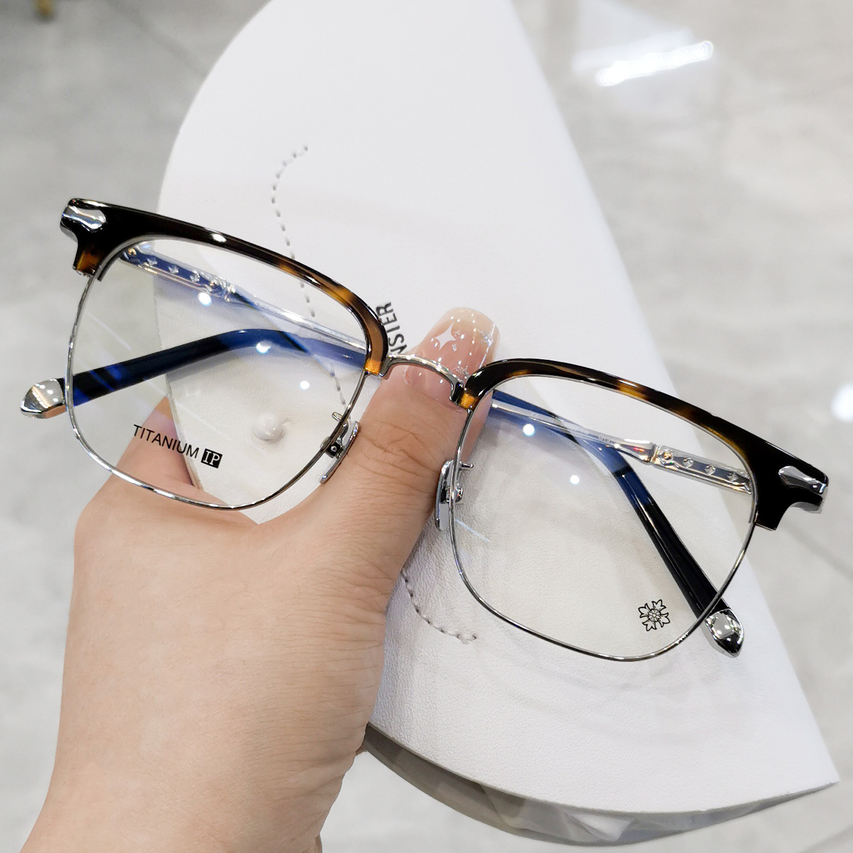 眉毛半框纯钛眼镜框镜架男潮近视镜超轻复古小众大脸玳瑁眼睛女款