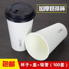 新品全套一次性奶茶白杯 加厚咖啡纸杯 热饮纸杯带盖吸管100套