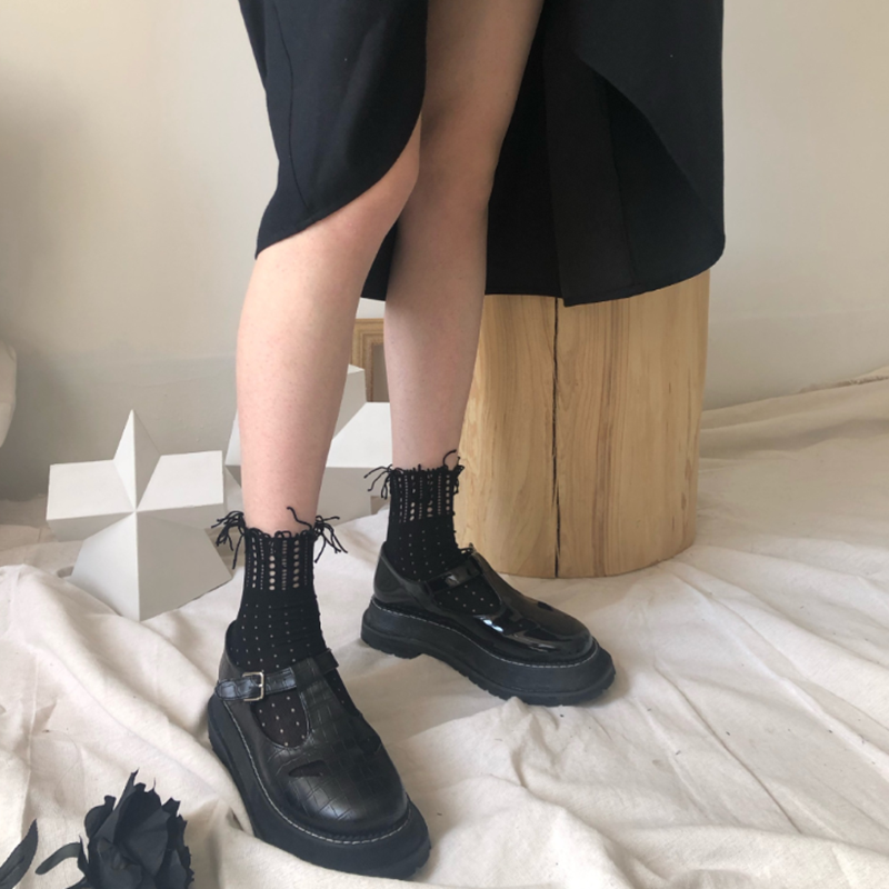 暗黑流苏镂空袜日系黑色中筒袜薄款春季凉鞋搭配袜潮百搭原宿ins