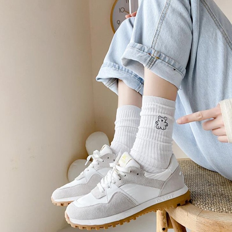 可爱卡通刺绣白色袜子春春ins潮韩国jk棉袜条纹女中筒日系堆堆袜