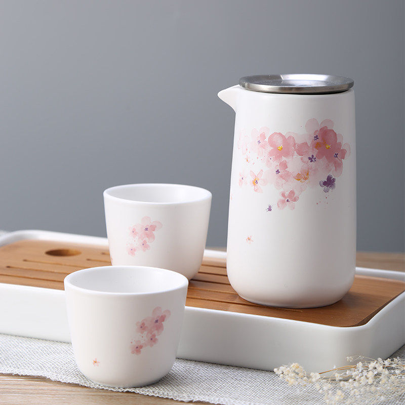 湖畔居旅行茶具套装陶瓷茶杯套组便携装一壶两杯带包十里桃花