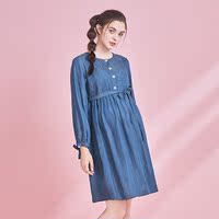 孕之彩孕妇装连衣裙2021春秋简约可哺乳长袖收腰牛仔裙产后喂奶衣