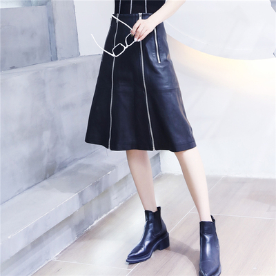 字裙女秋冬羊皮高腰拉链皮裙真皮过膝长裙黑色半身裙