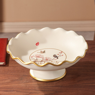 新中式客厅茶几果盘摆件轻奢糖果盘收纳大创意复古家用水果盘陶瓷