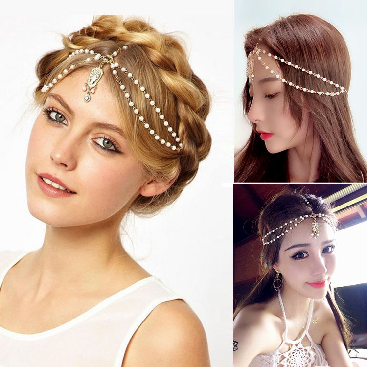 波西米亚女神前额发带珍珠链条海边度假发饰额头装饰水钻新娘头饰