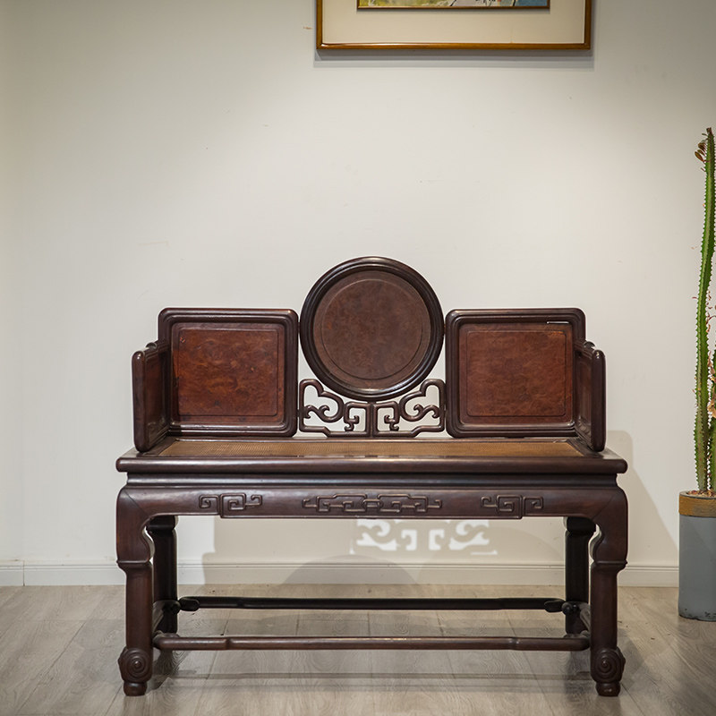 清中期红木镶瘿木回纹二人椅明清古典老家具古董收藏中式红木椅子