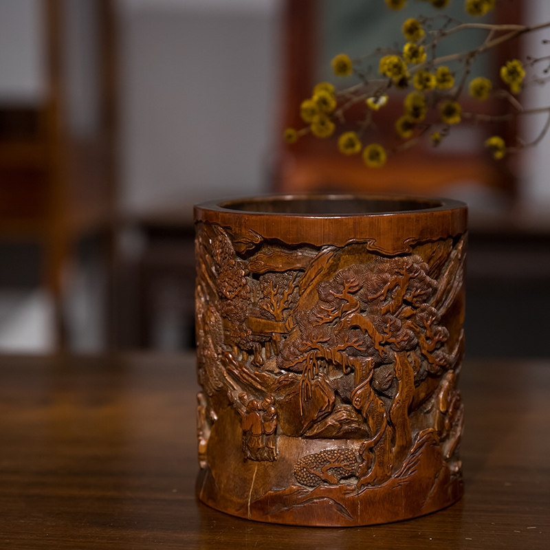 清代竹雕人物故事笔筒老物件文玩古董收藏竹制艺术品文房用品笔筒