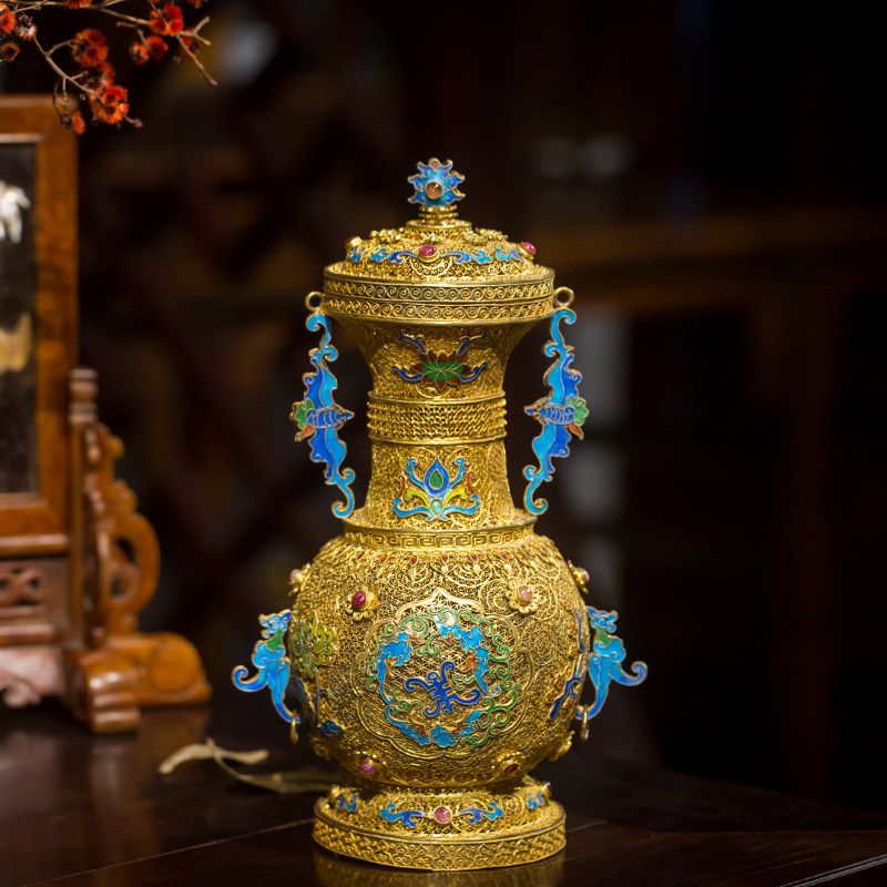 清代银鎏金烧蓝福寿纹赏瓶文玩古董艺术品收藏真品客厅装饰摆件