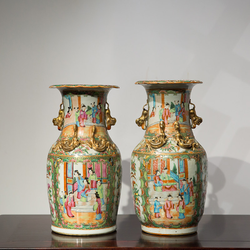 清代广彩人物花卉纹花瓶一对文玩古董收藏客厅办公室摆件瓷器