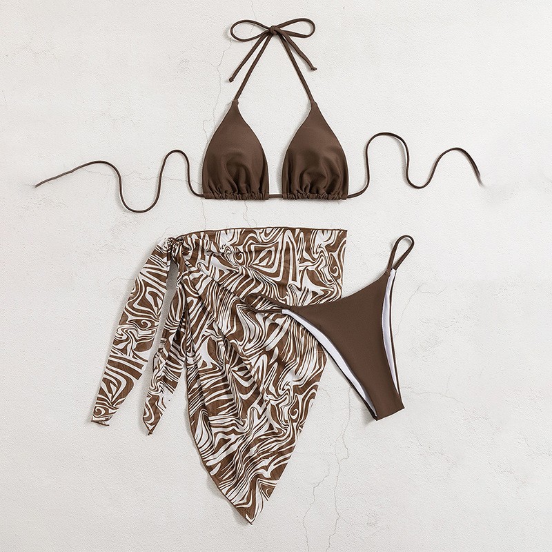 2022新款欧美性感三点式比基尼泳衣女带纱三件套比坚尼沙滩bikini