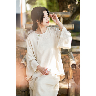 柒白新中式女装2024夏款中国风宽松大码穿搭复古长袖上衣春日衬衫
