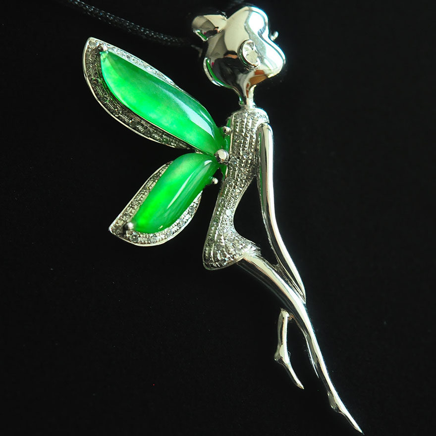 精品天然翡翠冰种a货满绿起光精灵花仙子吊坠--18k金镶钻 4.22g