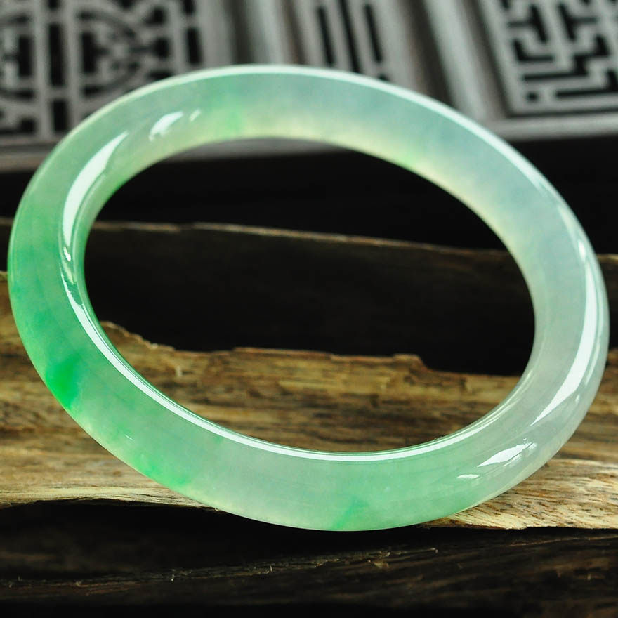 福茗翡翠~收藏级老坑冰种a货正阳绿圆条手镯--大美希音 32.26g
